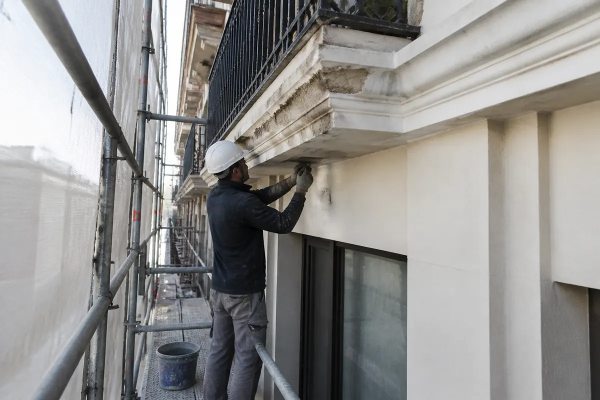Reparación de canto de balcón desde andamio con protecciones inferiores en fachada de bloque residencial