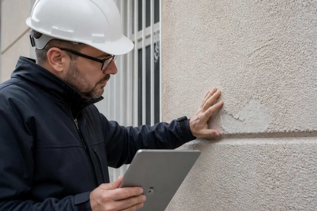 Técnico revisando patologías visibles en una fachada
