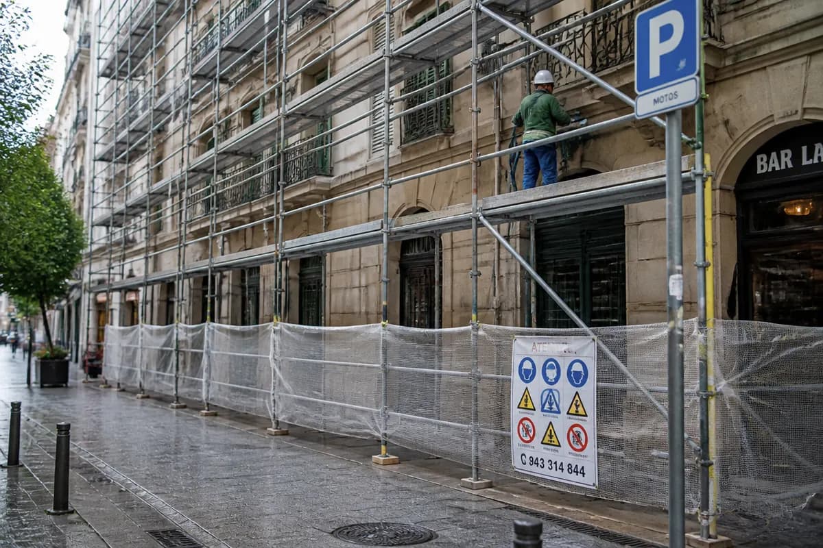 Limpieza controlada de fachada residencial desde andamio con protecciones en acera y operario con EPI
