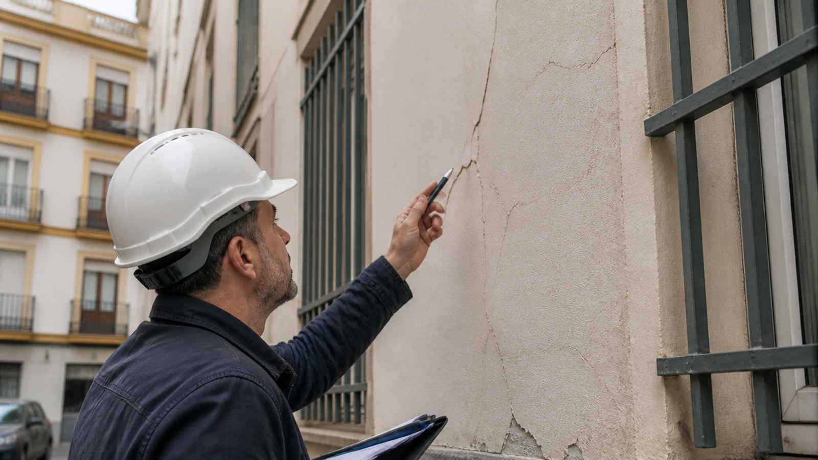 Fachada de edificio con andamio y protecciones durante trabajos de rehabilitación